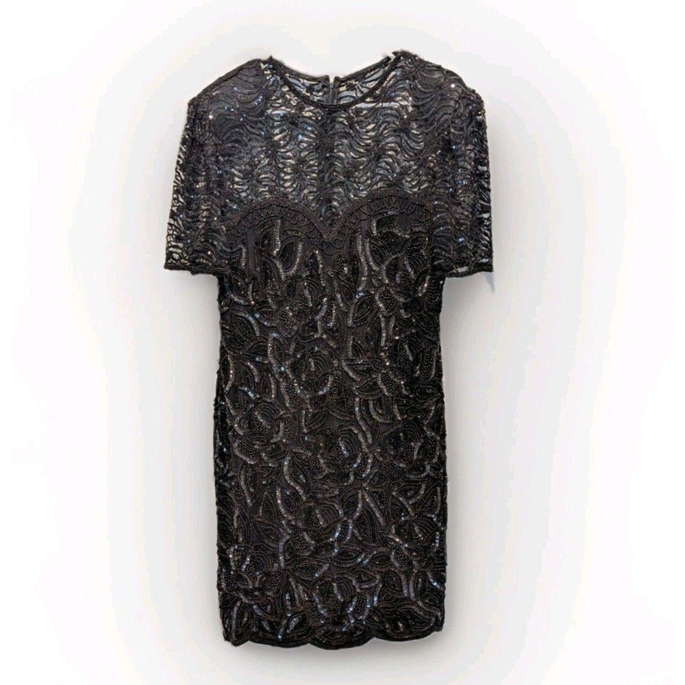 Vintage 100% Silk Beaded Cocktail‎ Dress Art Deco Flapper Gothic Xl 12 14